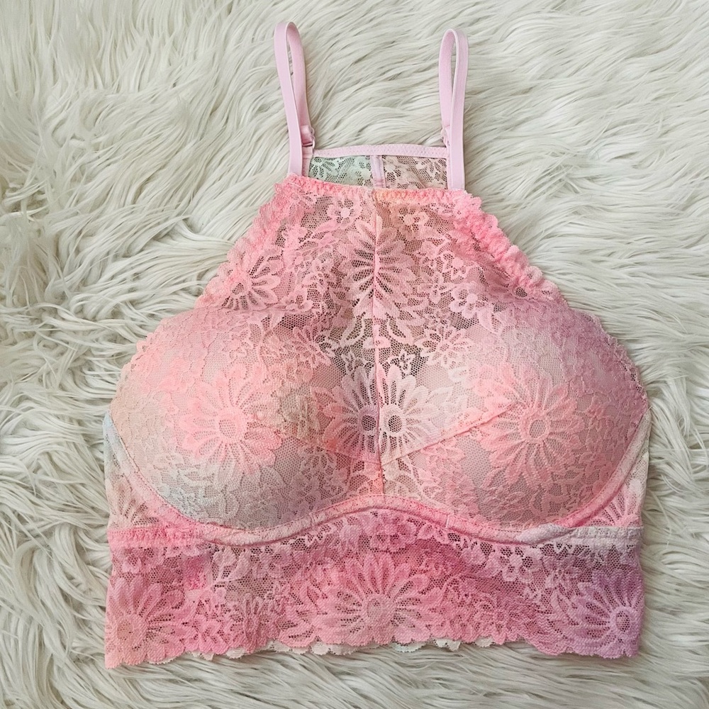 {PINK Victoria's Secret} Floral Lace Bralette High Neck in Ombre Pink - Size XS